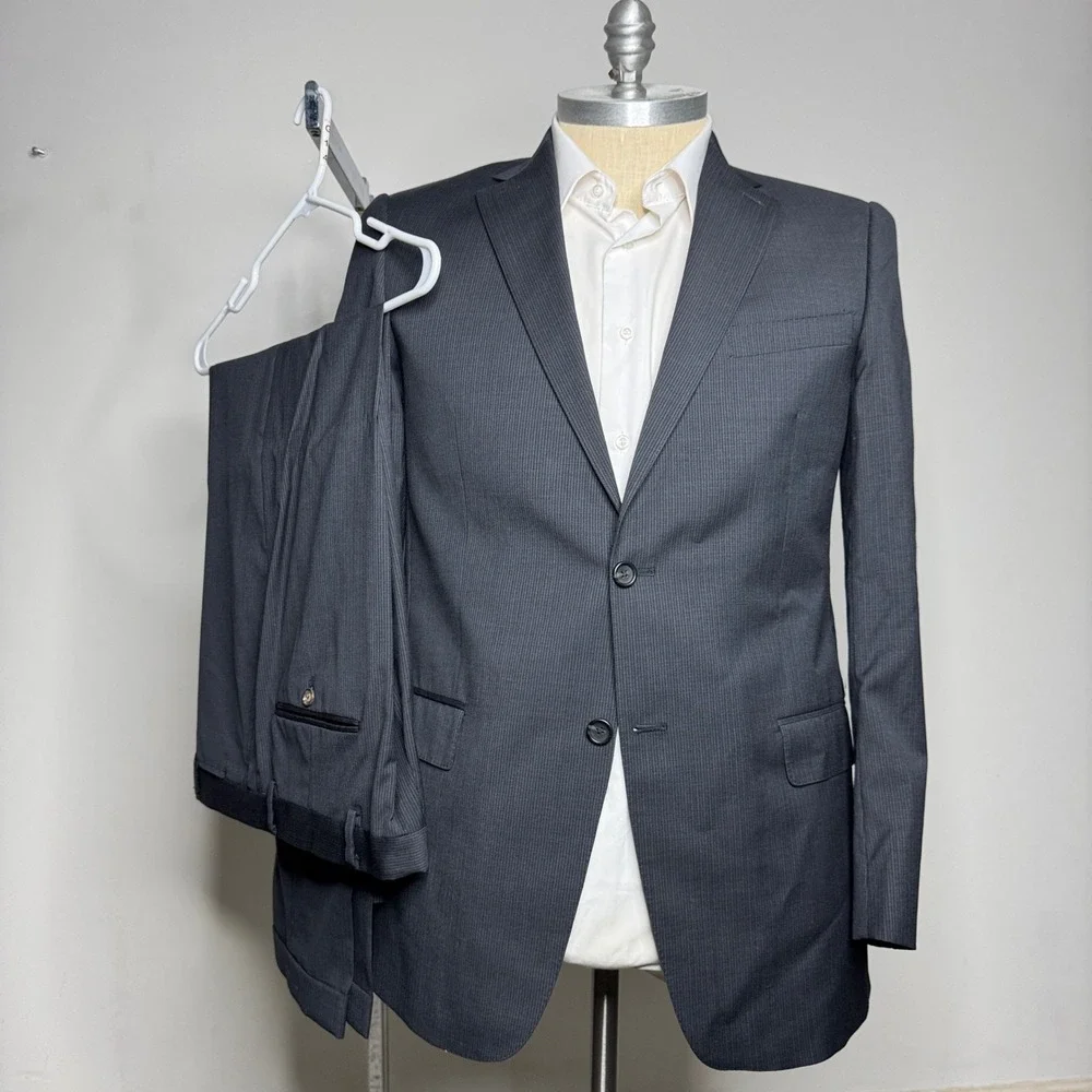 Hart Schaffner Marx Mens 42L 34W Charcoal Pinstripe‎ USA Made